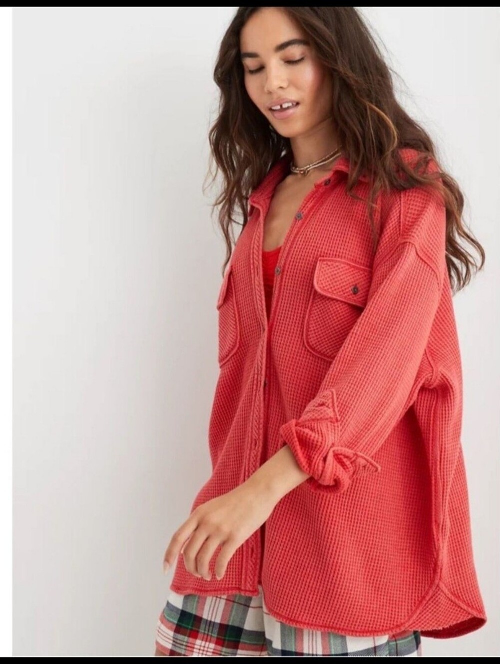 Aerie Lumberjack Waffle Knit Button Up Coral(ish) Color